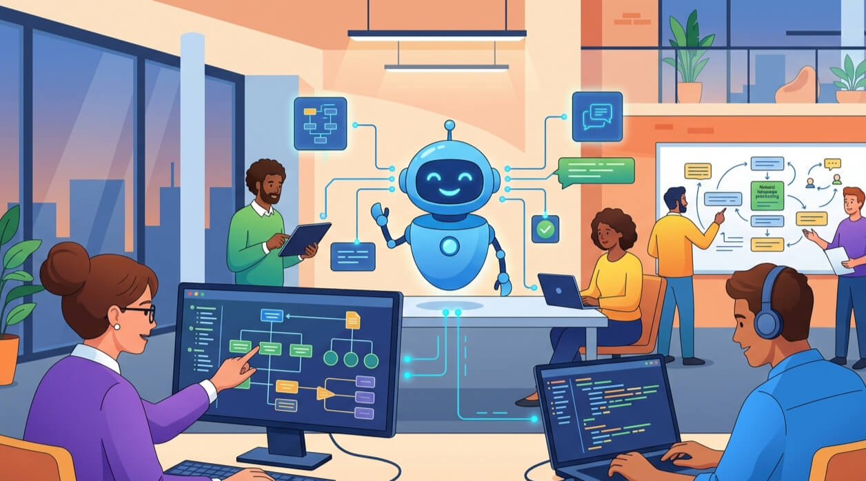 A diverse tech team in a bright modern office collaborating to build an AI chatbot. In the center, a friendly blue robot hologram floats above a table, connected to digital icons. Team members work on laptops, look at flowcharts on monitors, and map out logic on a whiteboard.