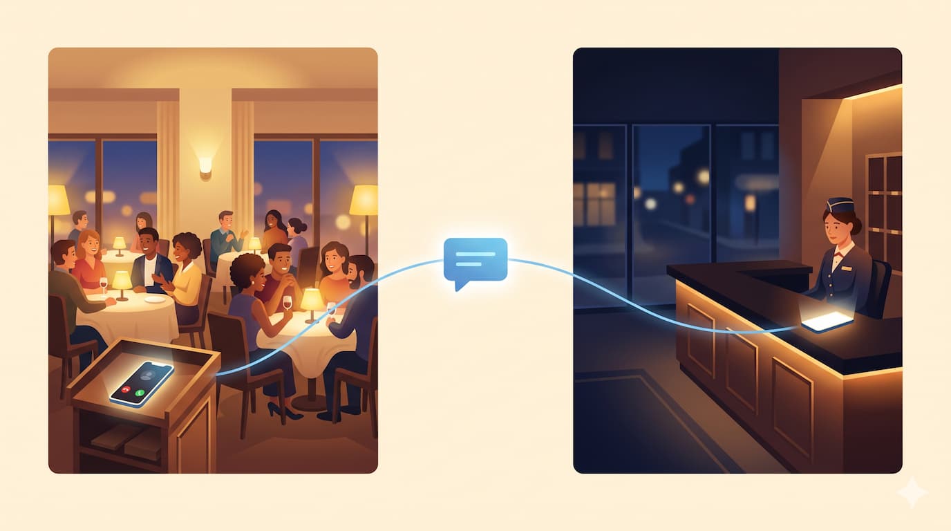 A restaurant and a small hotel reception after hours, both connected to a single AI chat assistant answering guests instantly
