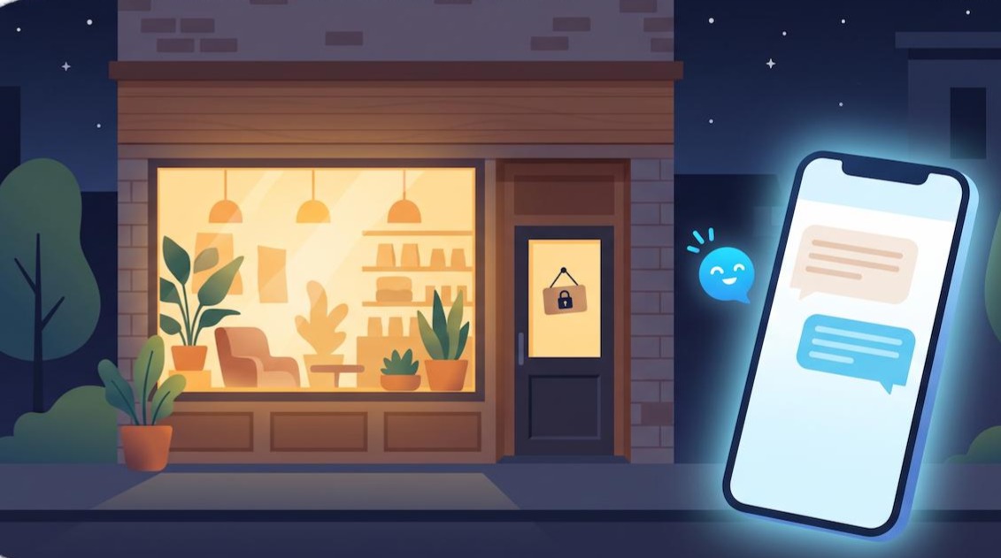 A flat-style illustration at night of a closed boutique shop with a warm, golden glowing window. In the foreground, a floating smartphone glows with a soft blue light, displaying a chat conversation next to a small, smiling blue AI assistant icon.